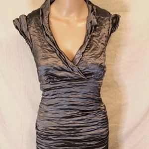 Nicole Miller long gun metal ruched v neck cap sleeves prom party ball gown sz 6